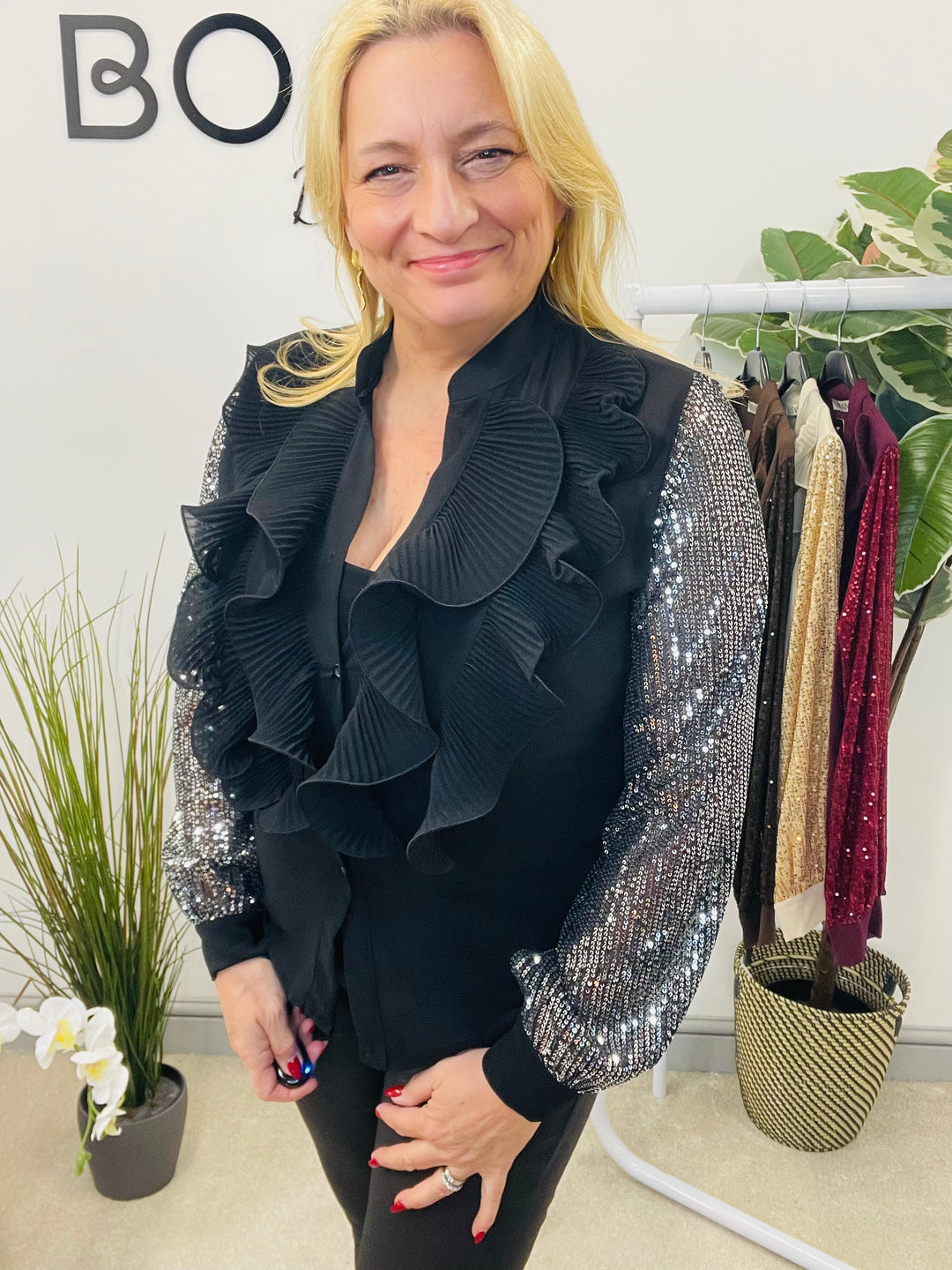 LADIES SEQUIN ARM FRILL BLOUSE - BLACK, SILVER, BERRY, BEIGE & BROWN