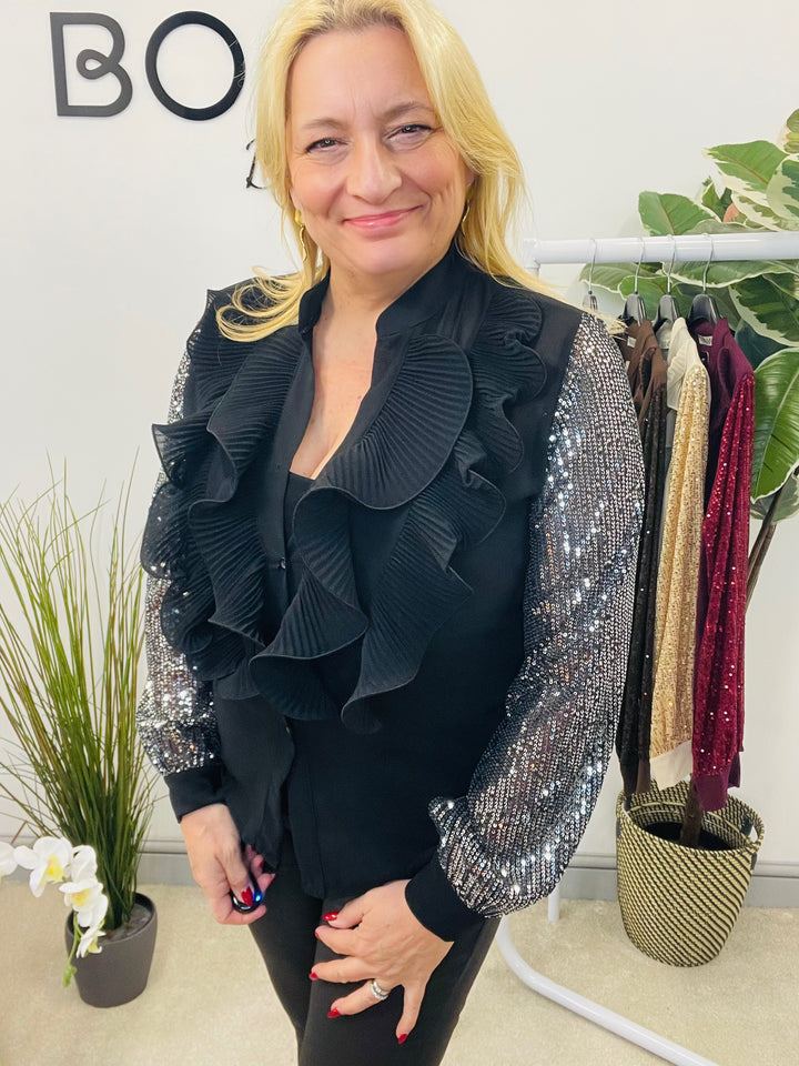 LADIES SEQUIN ARM FRILL BLOUSE - BLACK, SILVER, BERRY, BEIGE & BROWN