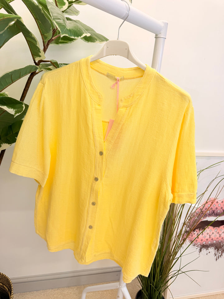 Ladies Fashion Tea Bag Linen Button Up Shirt Top lemon