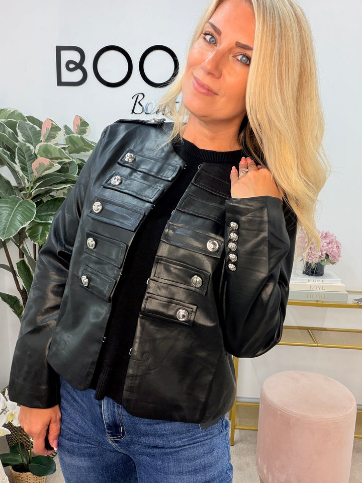 Ladies Fashion Faux Leather Military Jacket - Black & Brown