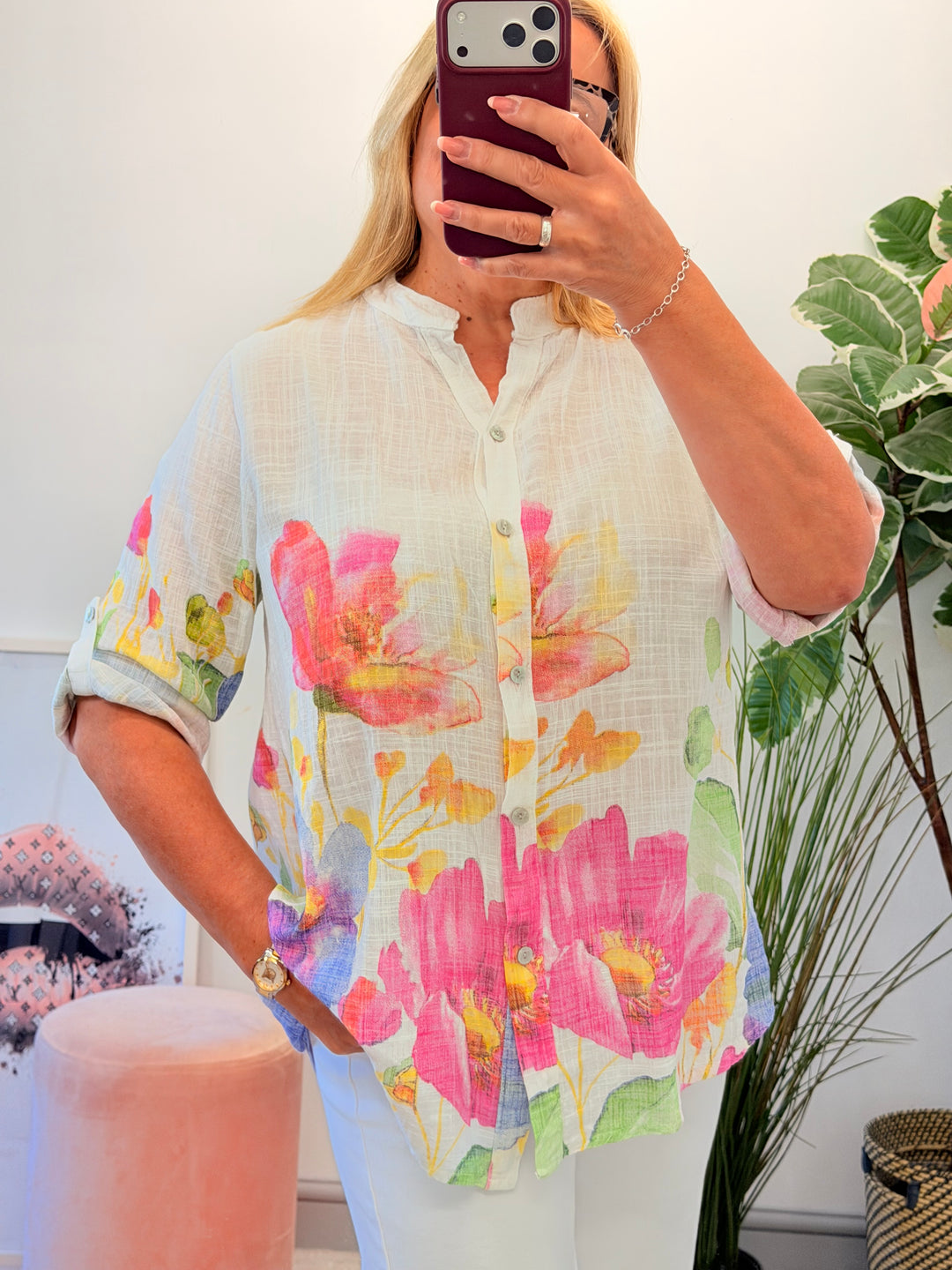 Ladies Fashion White Flower Print Light Linen Shirt Top