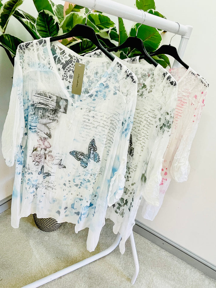 LADIES BUTTERFLY PRINT CHIFFON OVERSIZE TOP IN BLUE, KHAKI & PINK