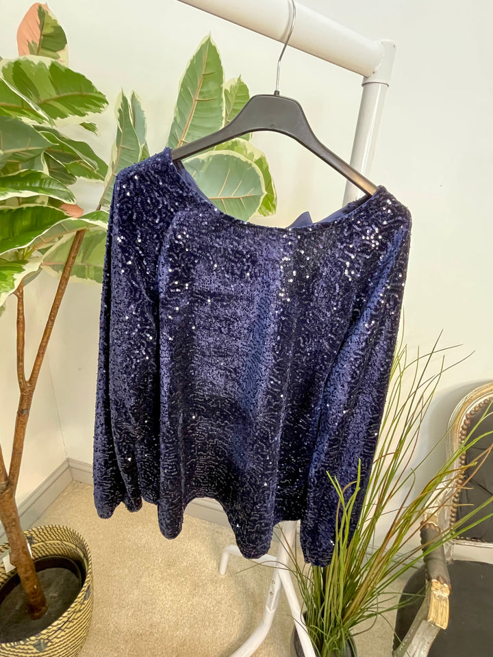 LADIES SEQUIN BOW BACK PARTY TOP - BROWN, BLACK, NAVY, BERRY & SILVER