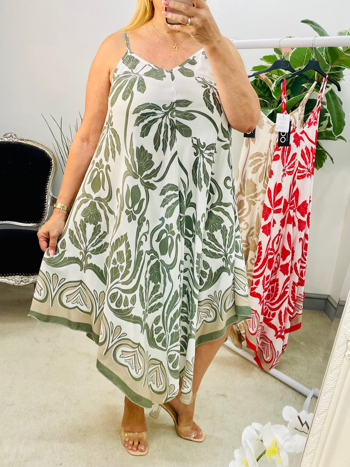 LADIES SUMMER HANKERCHIEF HOLIDAY DRESS - RED, KHAKI & BEIGE