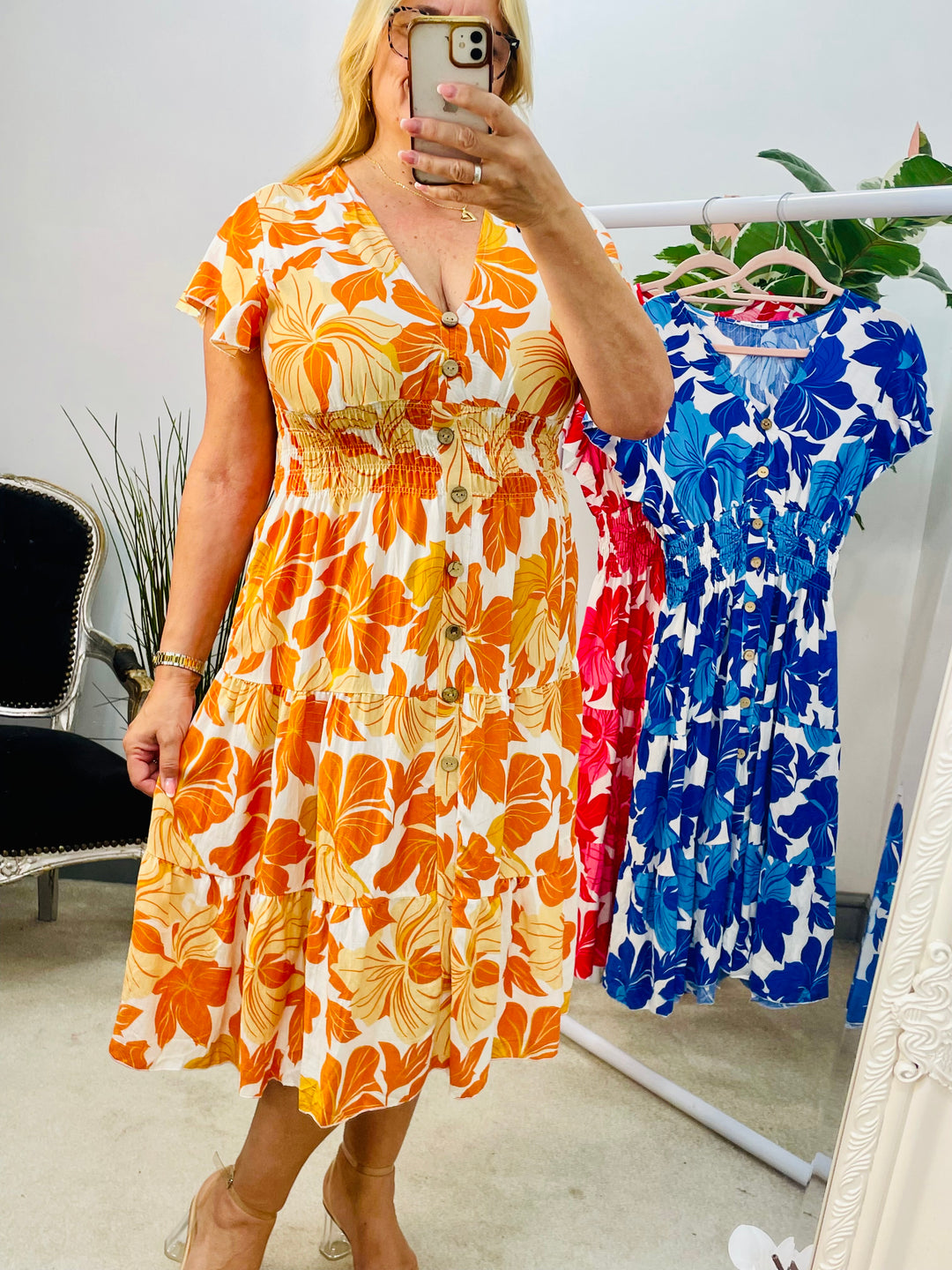 LADIES LEAF PRINT SUMMER EASY WEAR DAY DRESS - BLUE, ORANGE & PINK