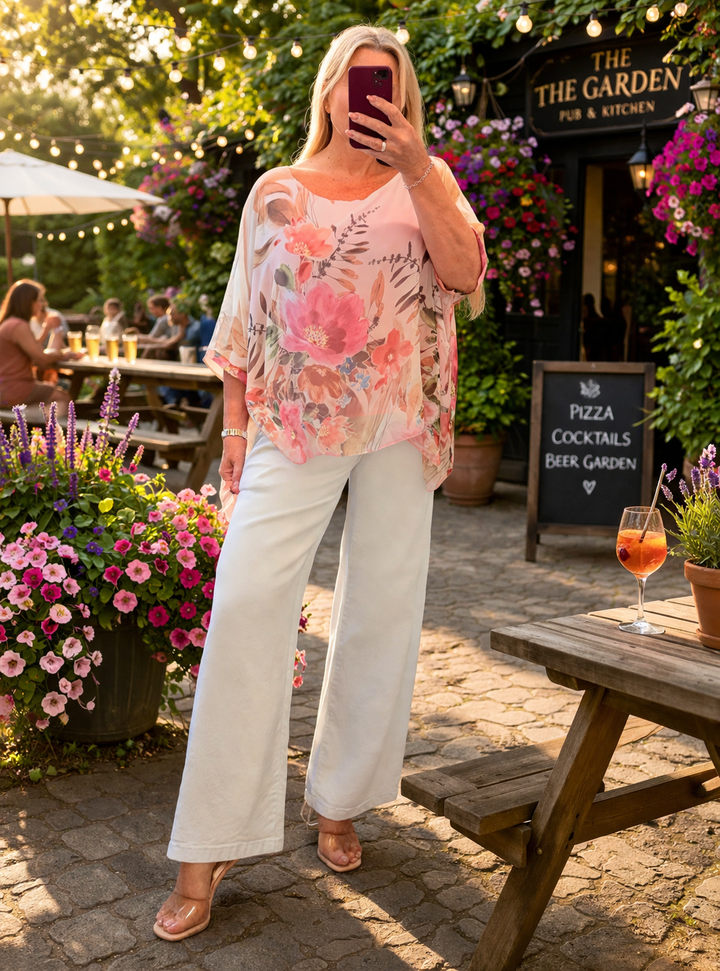 Ladies Flower Print Silky Floaty Summer Top - Pink & Blue