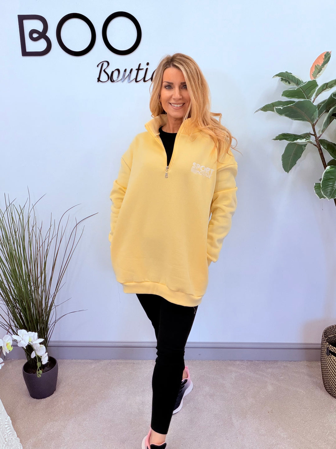 LADIES FLEECE LINED LONG SWEATSHIRT TOP - LEMON, MOCHA & KHAKI
