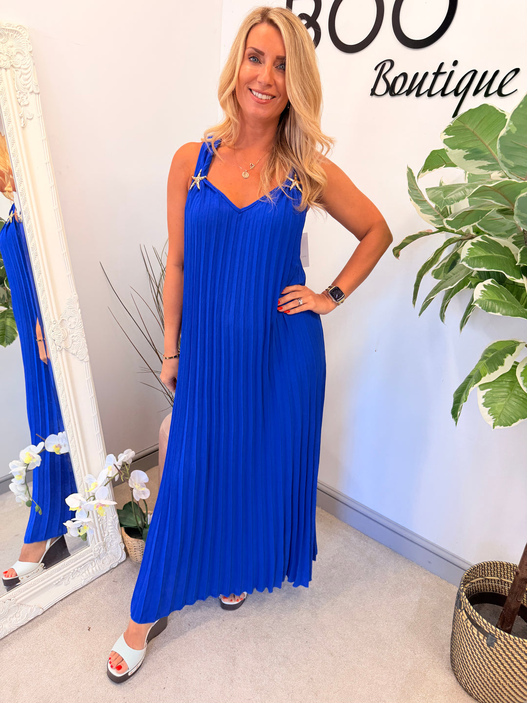 Ladies Fashion Pleated Summer Maxi Dress - Orange, Black, Brown & Cobalt Blue