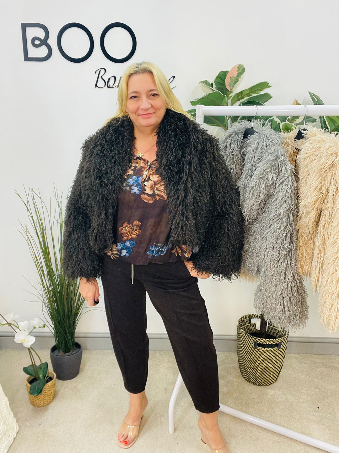 LADIES SHAGGY FLUFFY BOLERO JACKET - BEIGE, GREY & BROWN