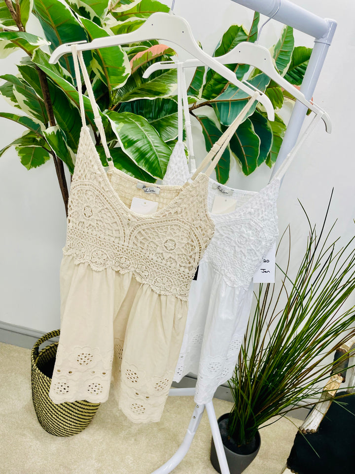 LADIES BOHO CROCHET CAMI SUMMER TOP - WHITE & BEIGE