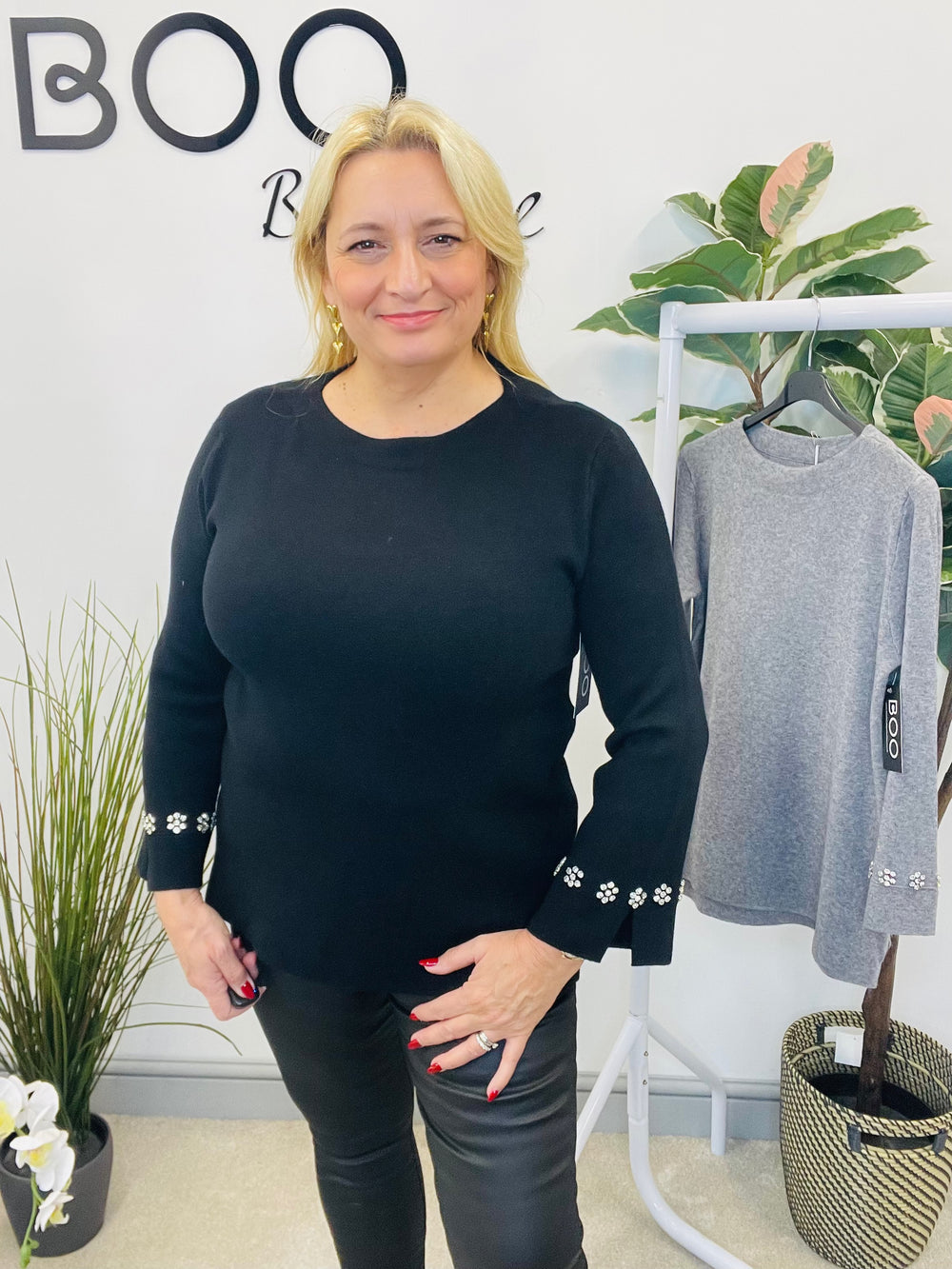 LADIES DIAMANTE JUMPER SWEATER - GREY & BLACK