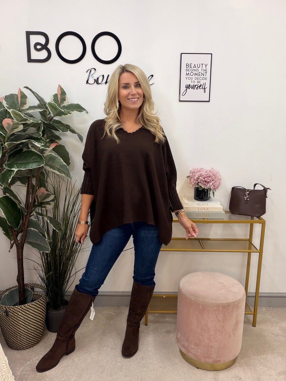 Ladies Fashion Oversize Slouch Jumper - Pink, Black, Beige & Brown
