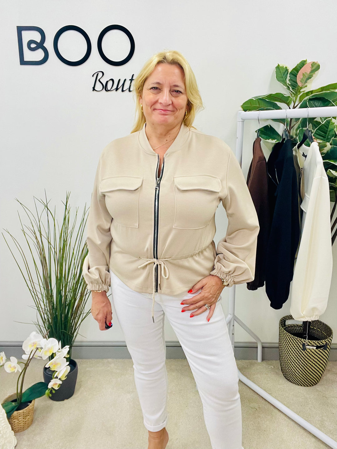 LADIES FASHION BOMBER JACKET - WHITE, BLACK, BEIGE, BROWN