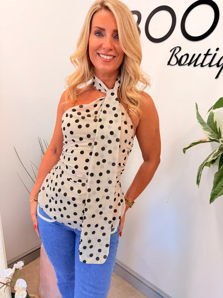 Ladies Fashion One Shoulder Polka Dot Top - Cream, Pink, Lemon