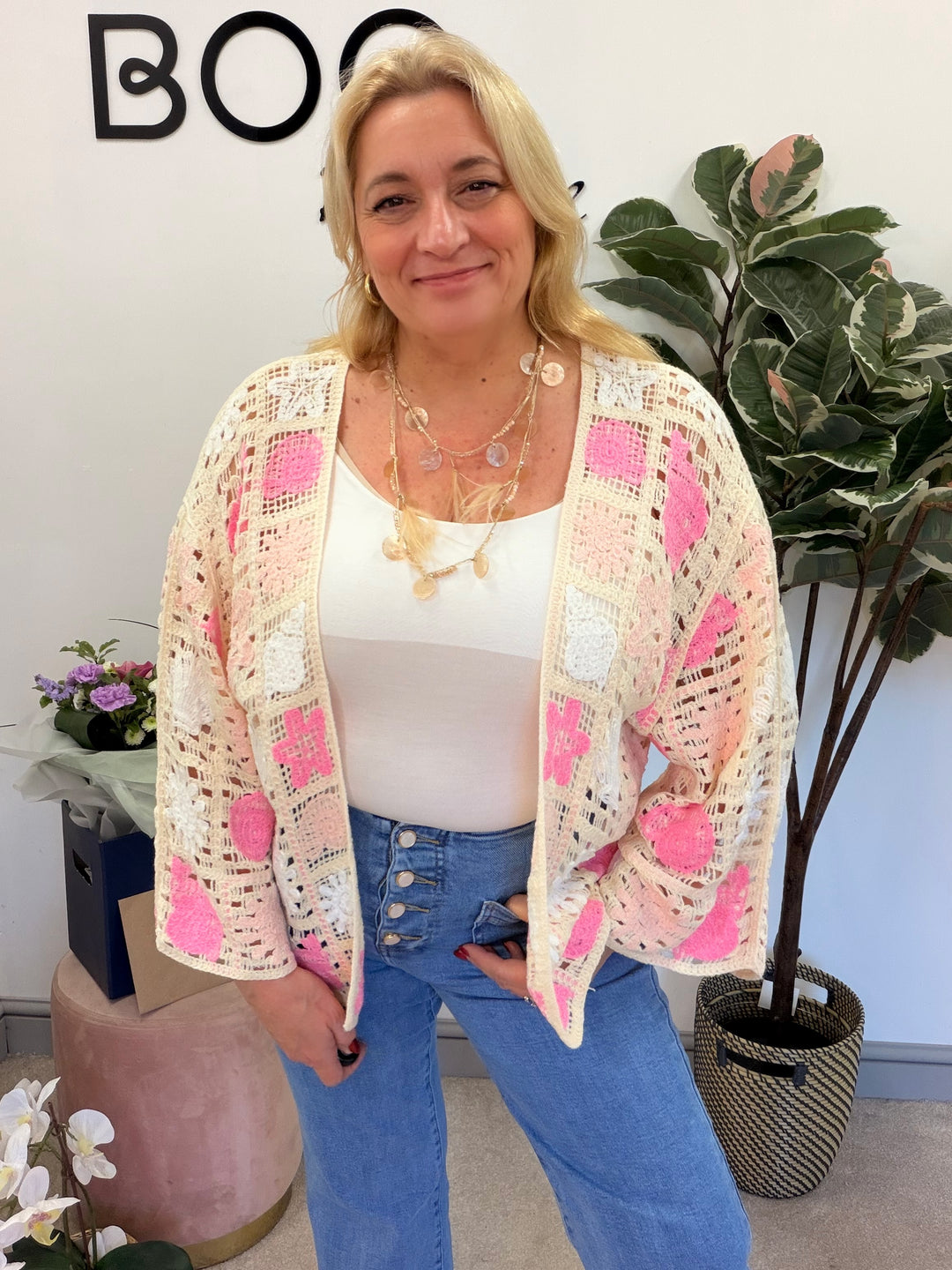 Ladies Fashion Beige Crochet Bolero Cardigan - pink, green & blue