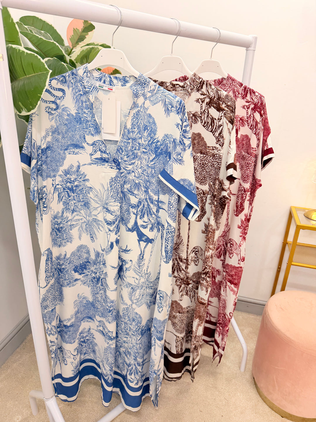 Ladies Jungle Print Loose Fit Summer Maxi Dress - Wine, Brown & Denim Blue
