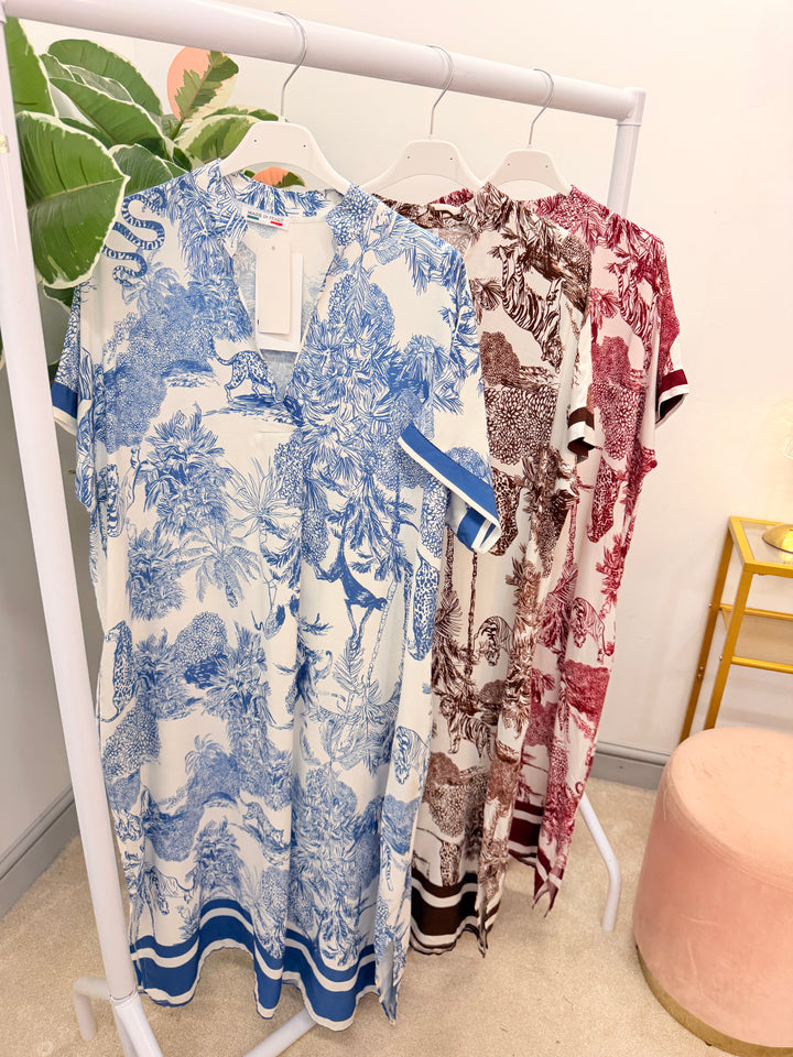 Ladies Jungle Print Loose Fit Summer Maxi Dress - Wine, Brown & Denim Blue