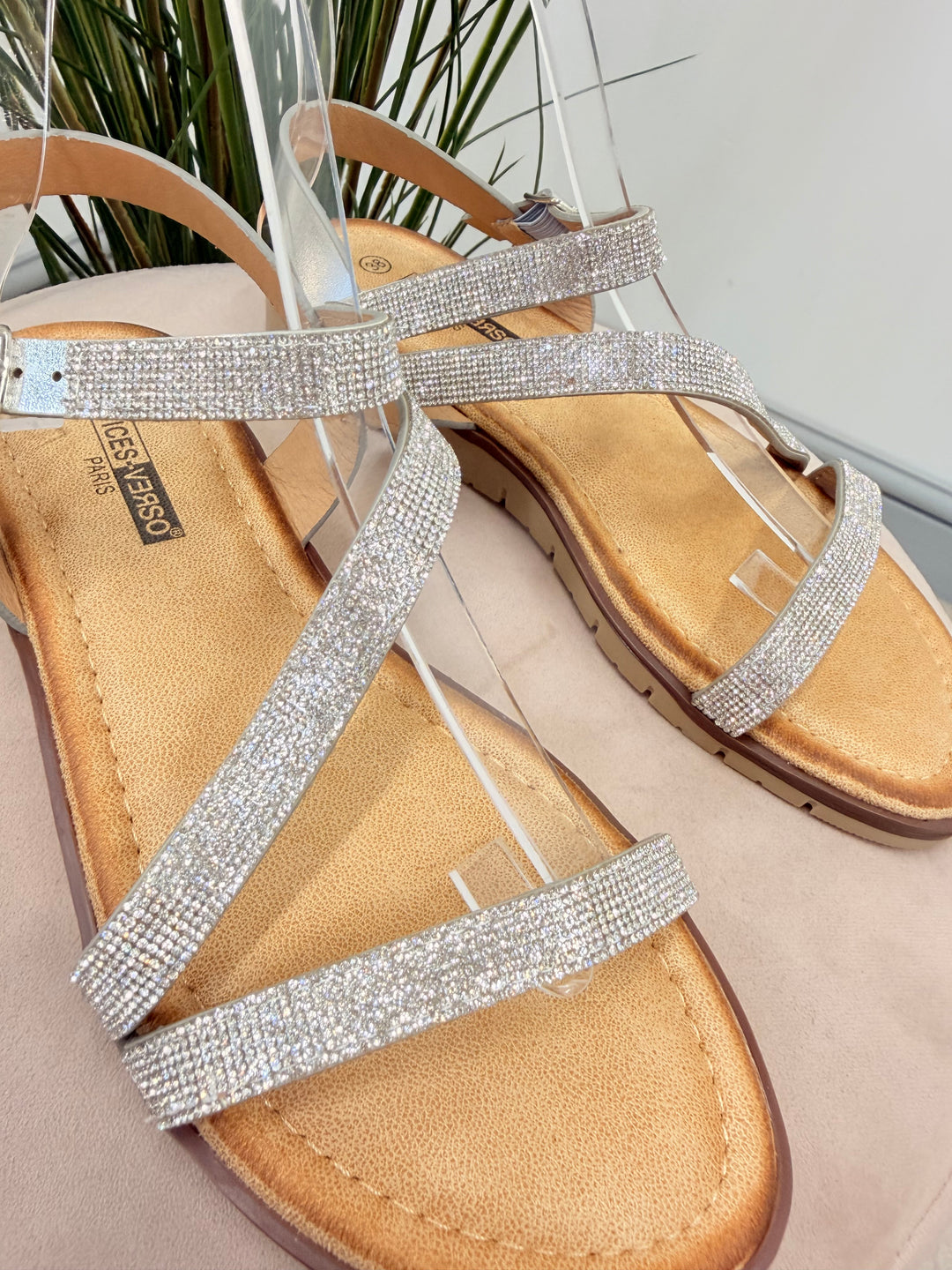 Ladies Diamante Small Wedge Heel Sandals - gold and silver