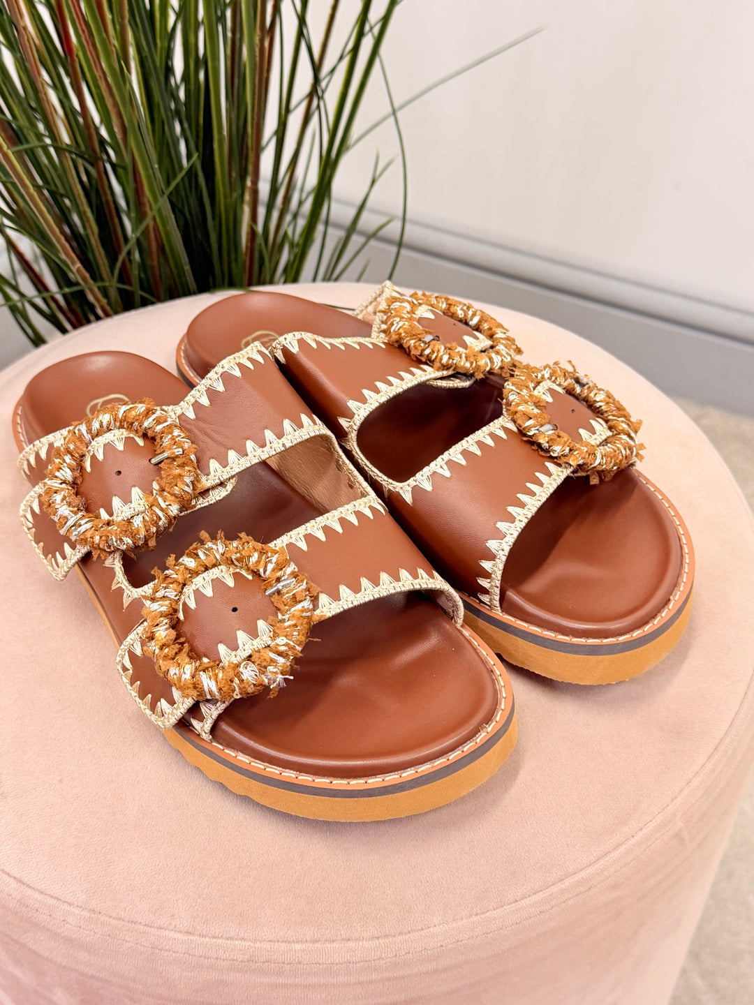 Ladies Fashion Buckle Comfy Moulded Footbed Slider Sandals brown