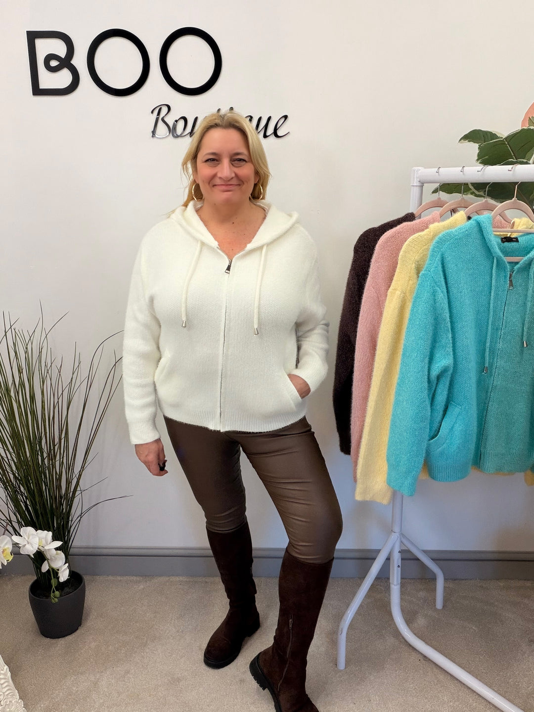 LADIES SOFT FLUFFY HOODY CARDIGAN - LEMON, AQUA, BROWN, PINK, WHITE