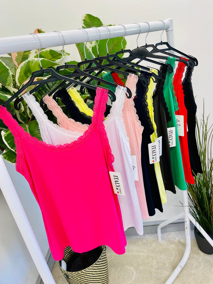 LADIES LACE EDGE SUMMER CAMI VEST TOP - 9 COLOURS