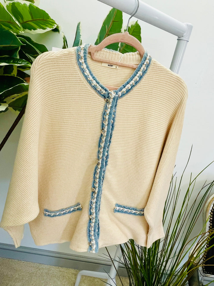 LADIES RIB KNIT BATWING DENIM DETAIL CARDIGAN - WHITE & BEIGE