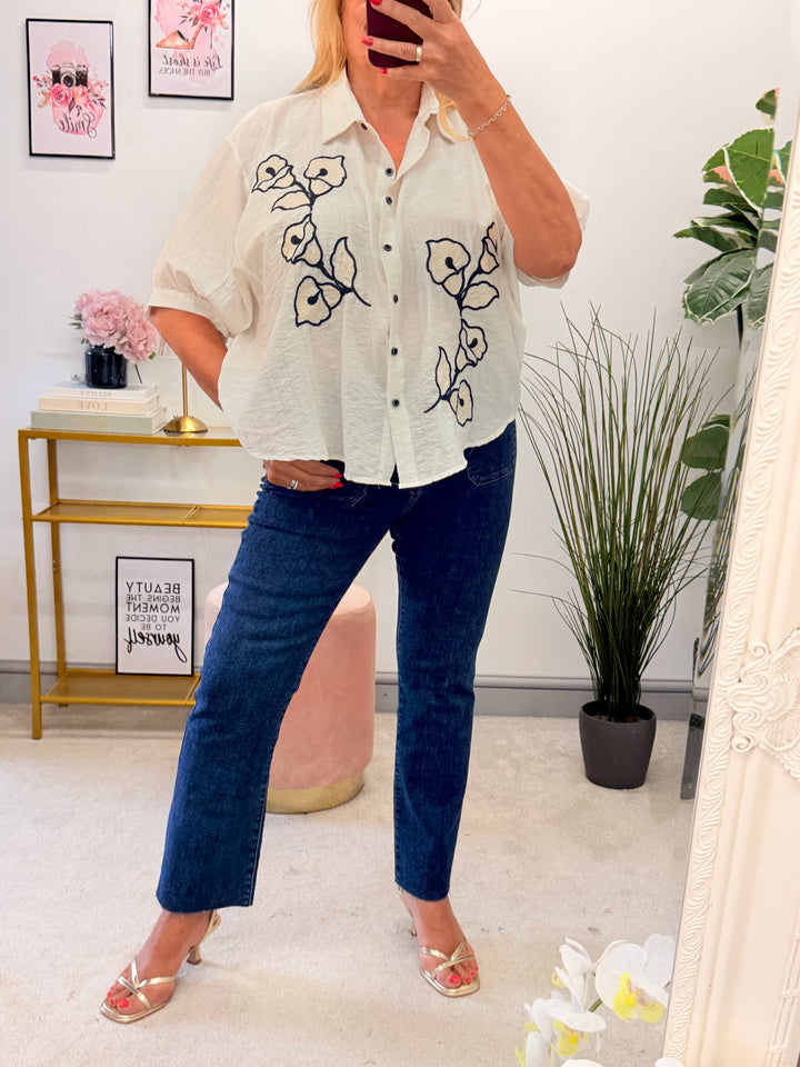 Ladies Cream & Navy Loose Fit Shirt Blouse