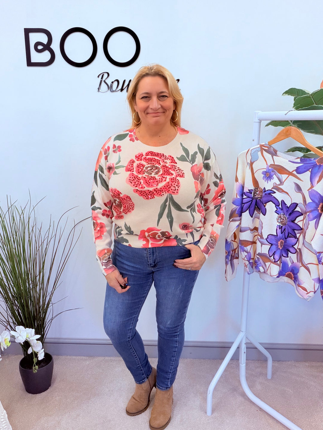 LADIES CREAM & PINK SEQUIN ROSE JUMPER