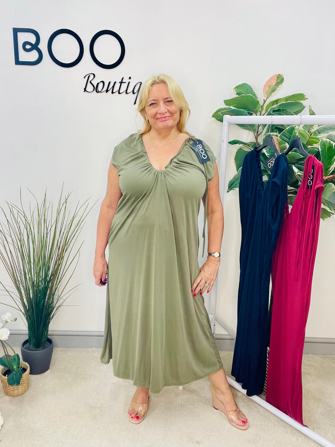 LADIES SILKY LOOSE FIT V NECK MAXI DRESS - BURGUNDY, NAVY & KHAKI