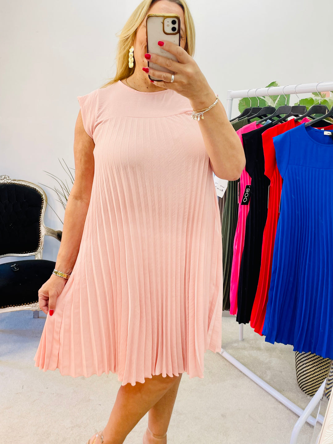 LADIES PLEATED SUMMER MIDI DAY DRESS - pink, black, red, pale blue, royal blue, khaki, fuschia pink, mocha