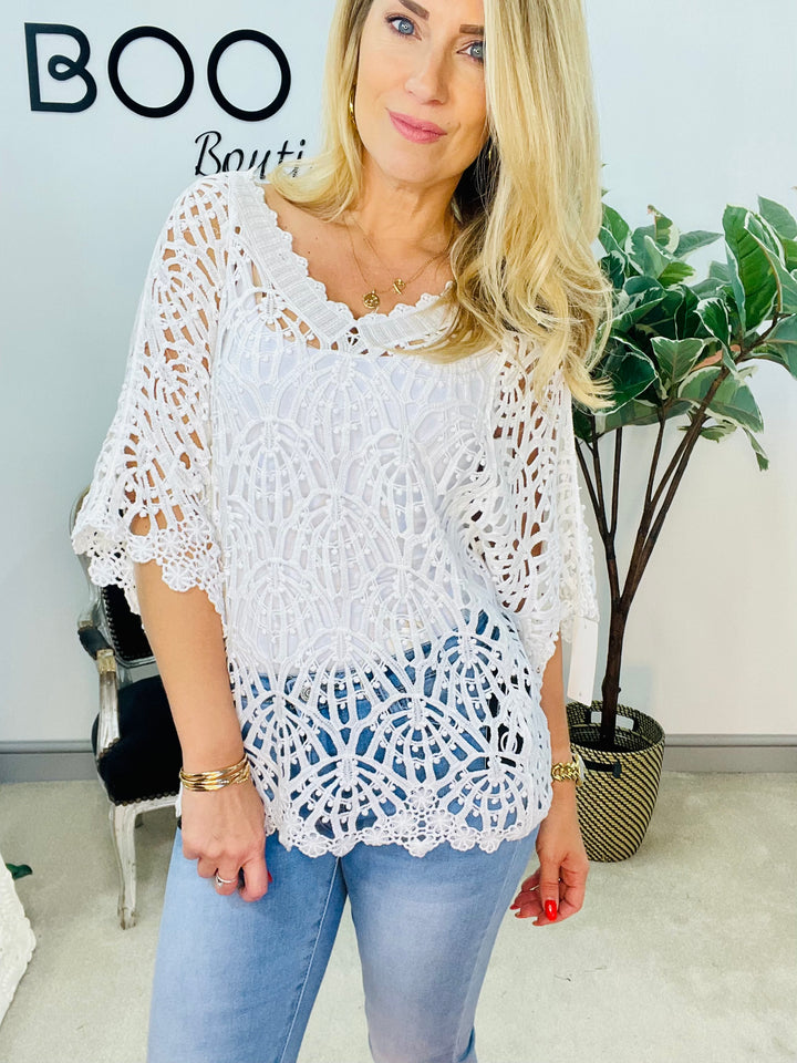 LADIES WOMENS WHITE CROCHET LACE SUMMER TOP