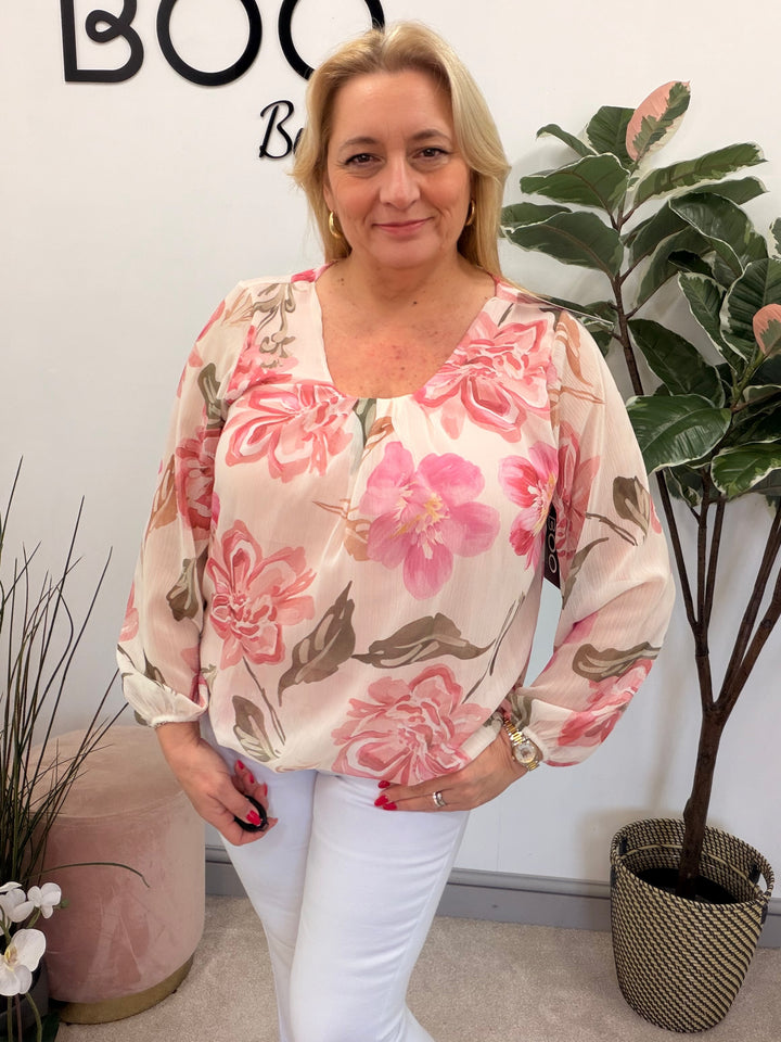 Ladies Fashion Flower Chiffon Blouse Top - Pink, Navy & Blue