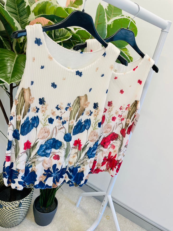LADIES CHIFFON PLEATED FLORAL PRINT SUMMER TOP - RED & NAVY