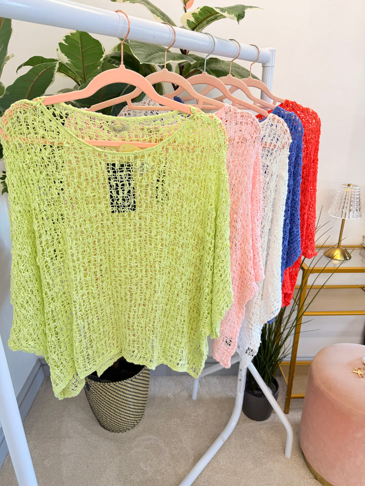 Ladies Oversize Crochet Poncho Top - Lime, White, Blue, Pink & Orange