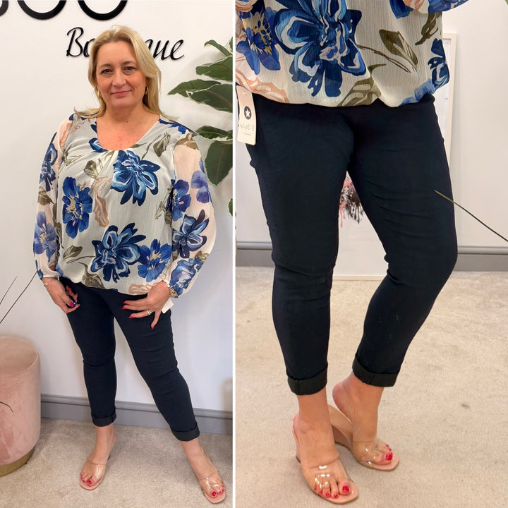 LADIES FASHION STRETCH MAGIC TROUSERS NAVY