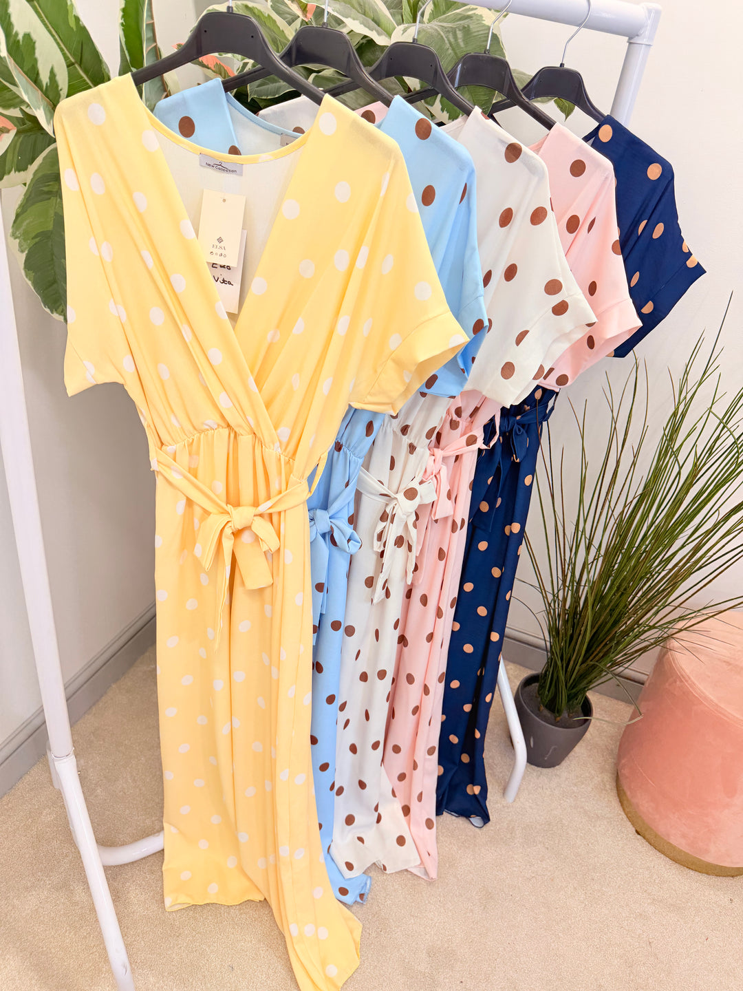 Ladies Polka Dot Wrap Midi Dress - Navy, Cream, Pink, Lemon & Pale Blue