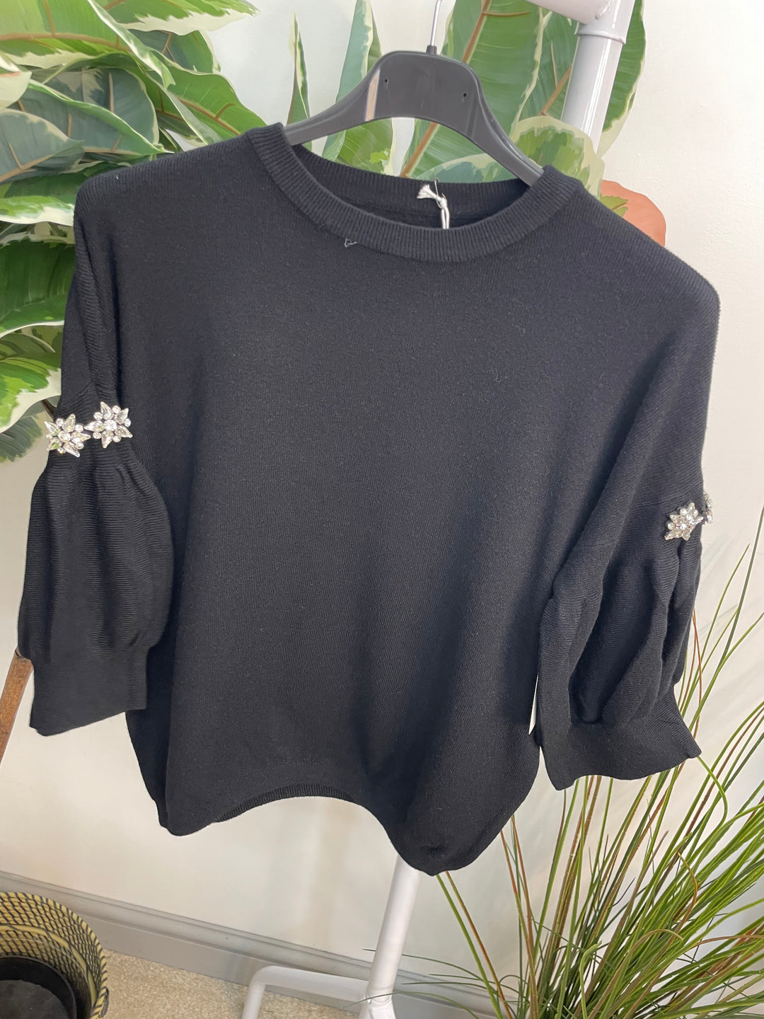 LADIES SOFT KNIT PUFF SLEEVE DIAMANTE JUMPER - BLACK, BURGUNDY, BEIGE & BROWN