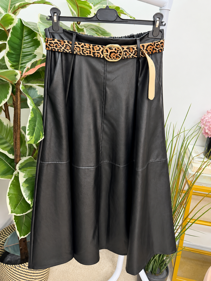 Womens fashion faux leather A line maxi skirt - black, brown & beige