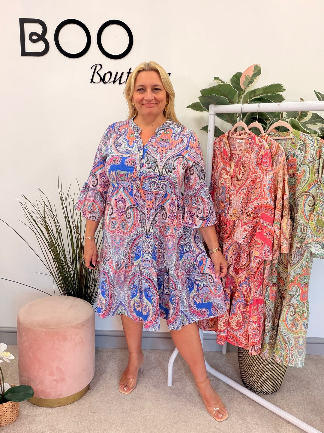 Ladies Paisley Print Smock Summer Dress - green, blue, pink, orange