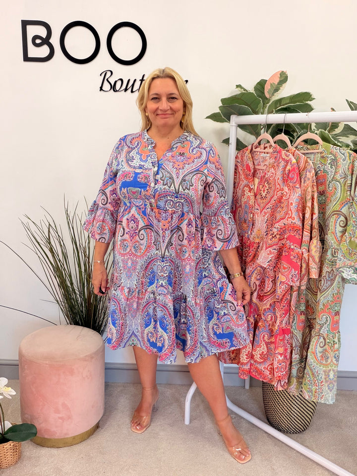 Ladies Paisley Print Smock Summer Dress - green, blue, pink, orange