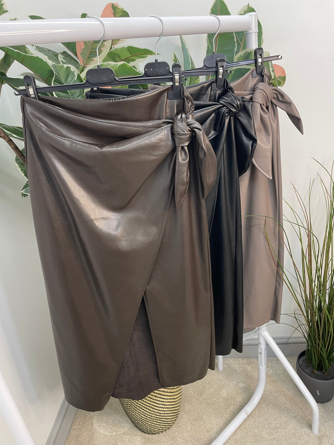 LADIES FAUX LEATHER PLEATHER VEGAN SKIRT - BLACK, BROWN & TAUPE