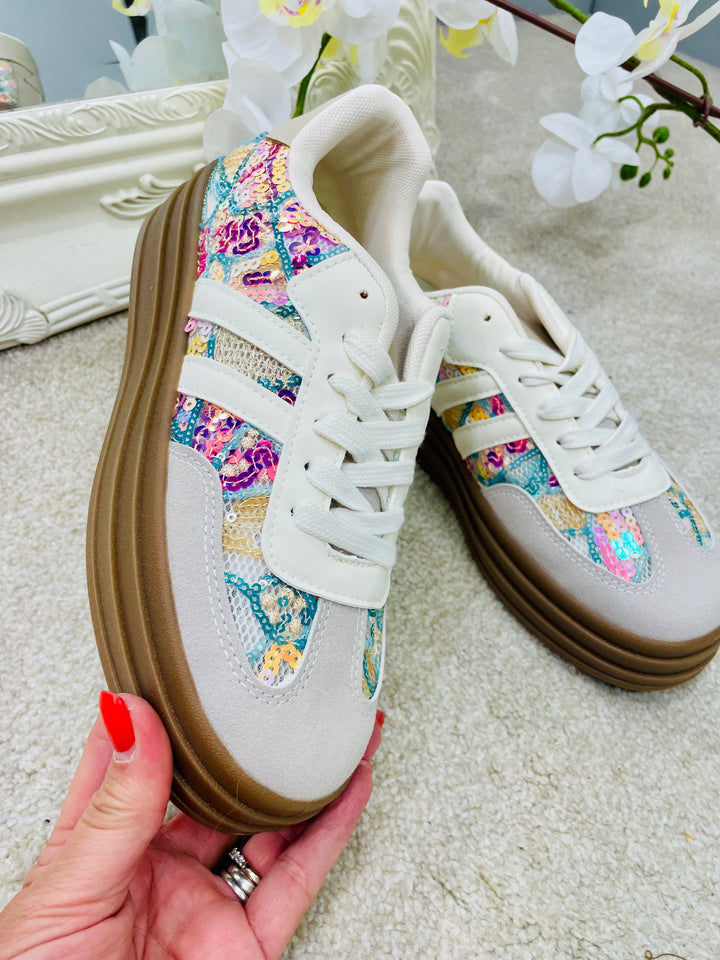COLOURED SEQUIN FLATFORM TRAINERS ( LT33 )