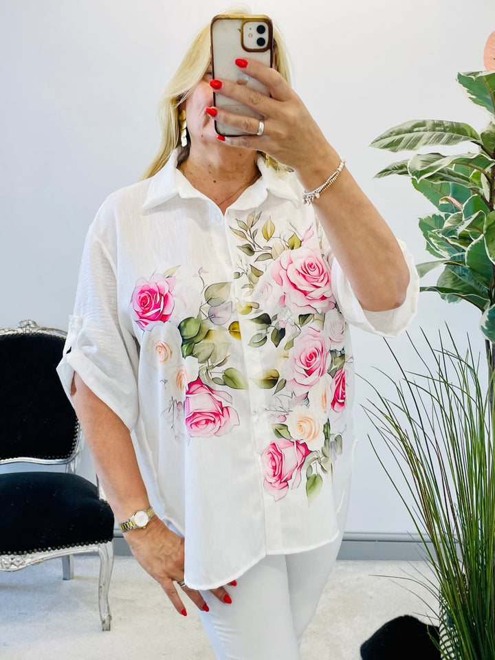 LADIES WHITE FLORAL PRINT LINEN SHIRT