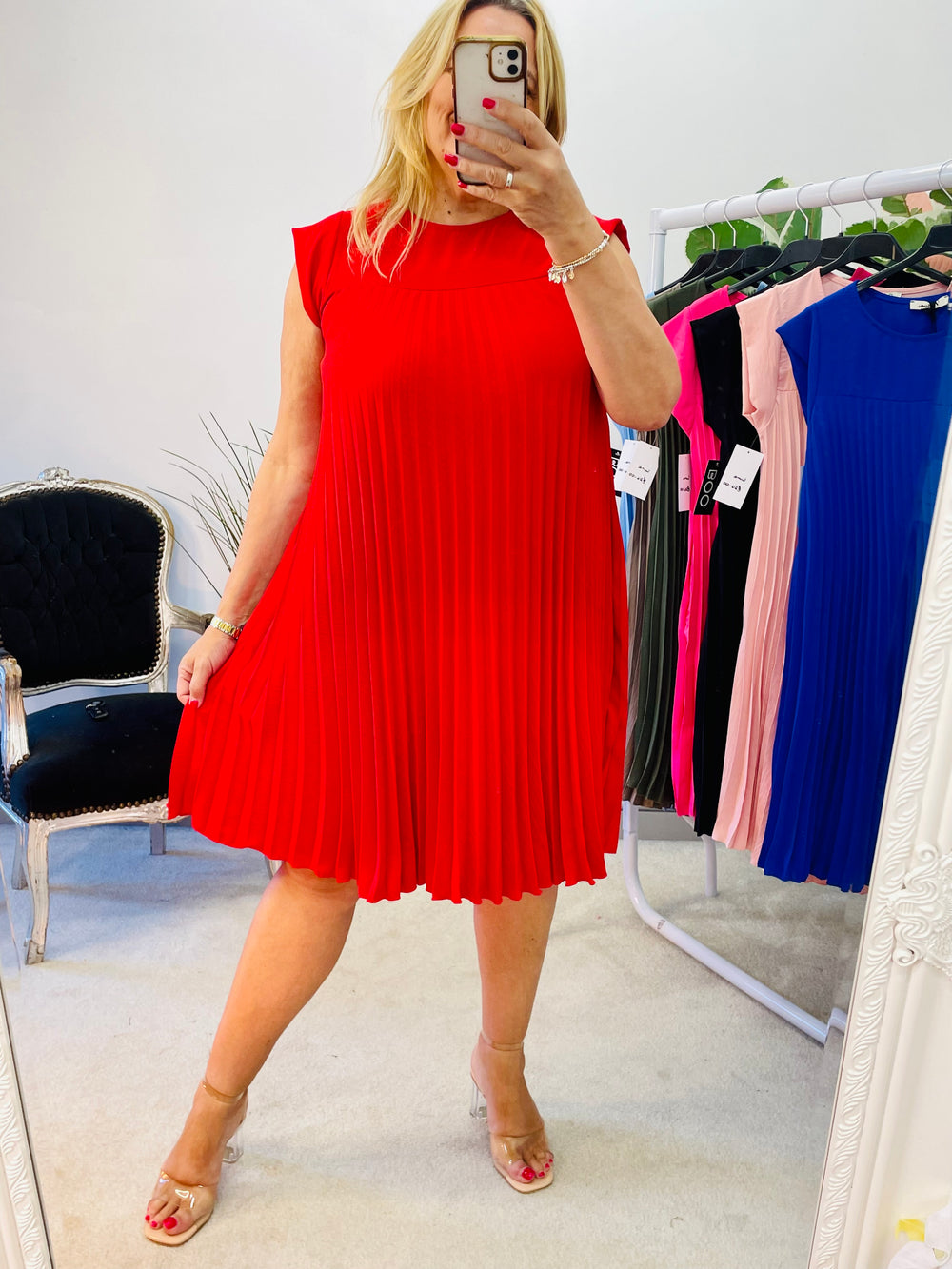 LADIES PLEATED SUMMER MIDI DAY DRESS - pink, black, red, pale blue, royal blue, khaki, fuschia pink, mocha