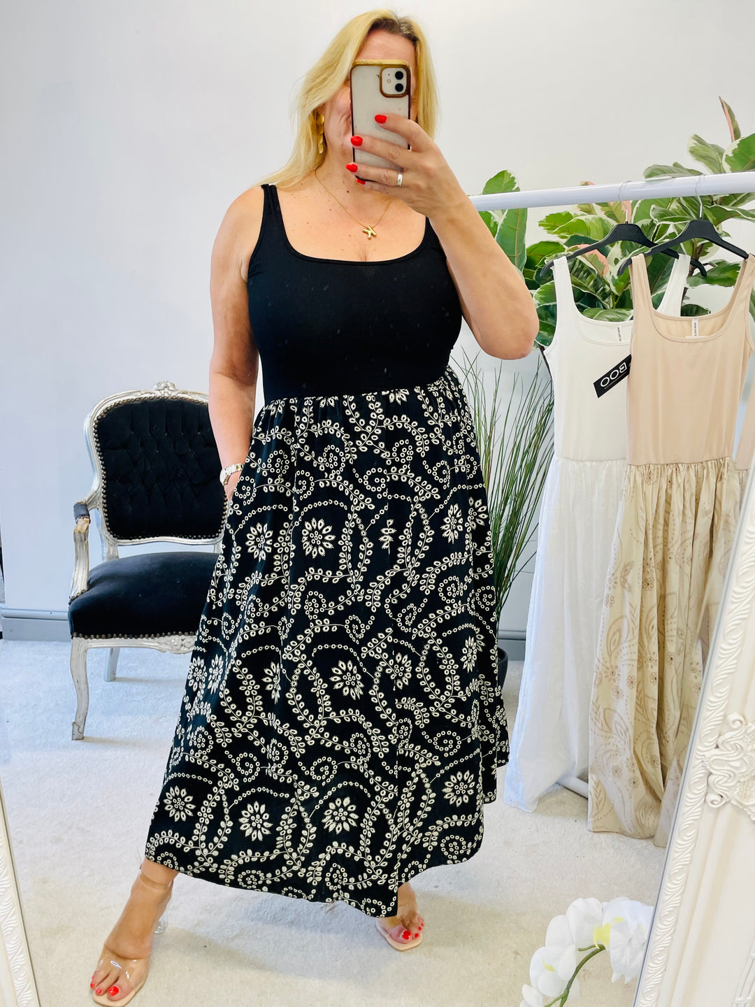 LADIES BRODERIE ANGLAISE SUMMER DRESS - BLACK, BEIGE & WHITE