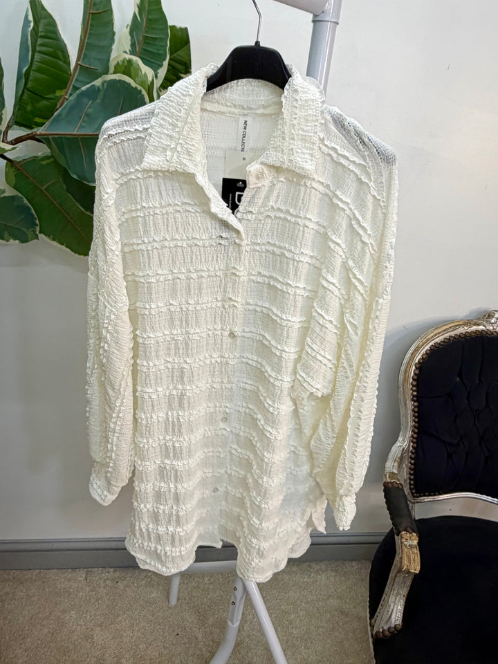 LADIES FRILL SHIRT BLOUSE - WHITE, BEIGE, PINK, LEMON, BLUE & BLACK