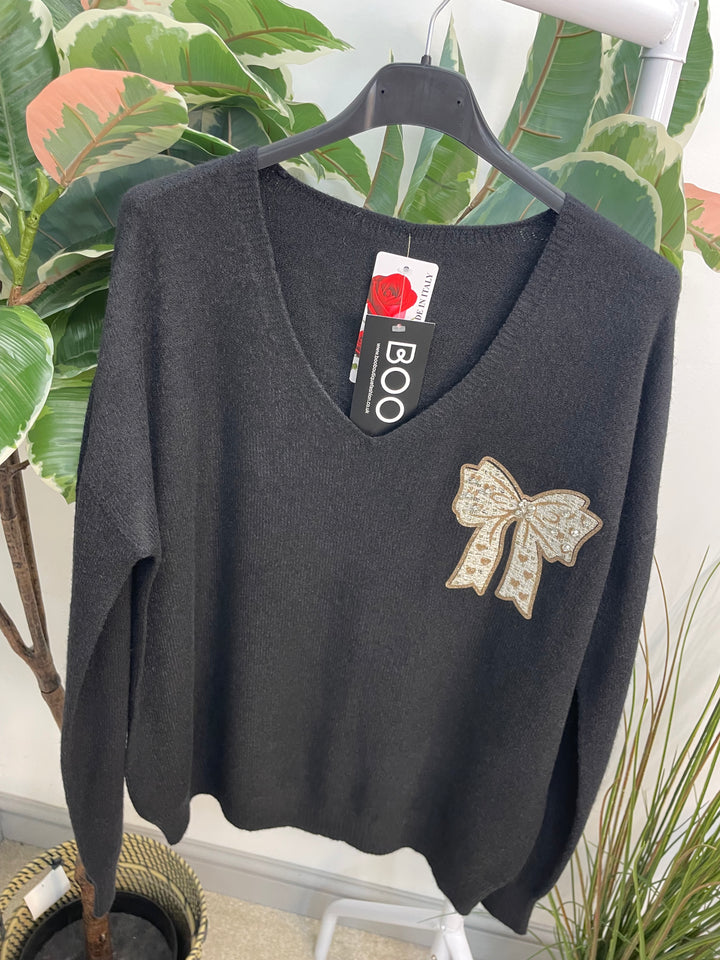 LADIES SOFT KNIT V NECK BOW JUMPER - WHITE, BEIGE & BLACK