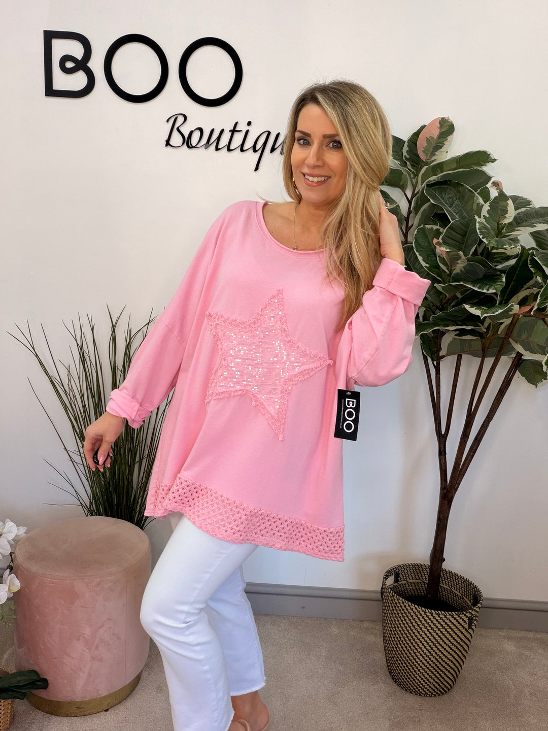 Ladies Fashion Oversize Star Sweatshirt style Top - black, white, pink, raspberry & grey