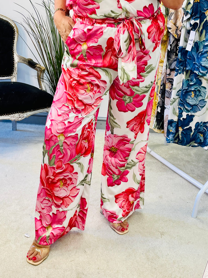 LADIES FLORA PRINT SATIN WIDE LEG PALAZZO TROUSERS - PINK, NAVY, GREEN, BLACK, YELLOW