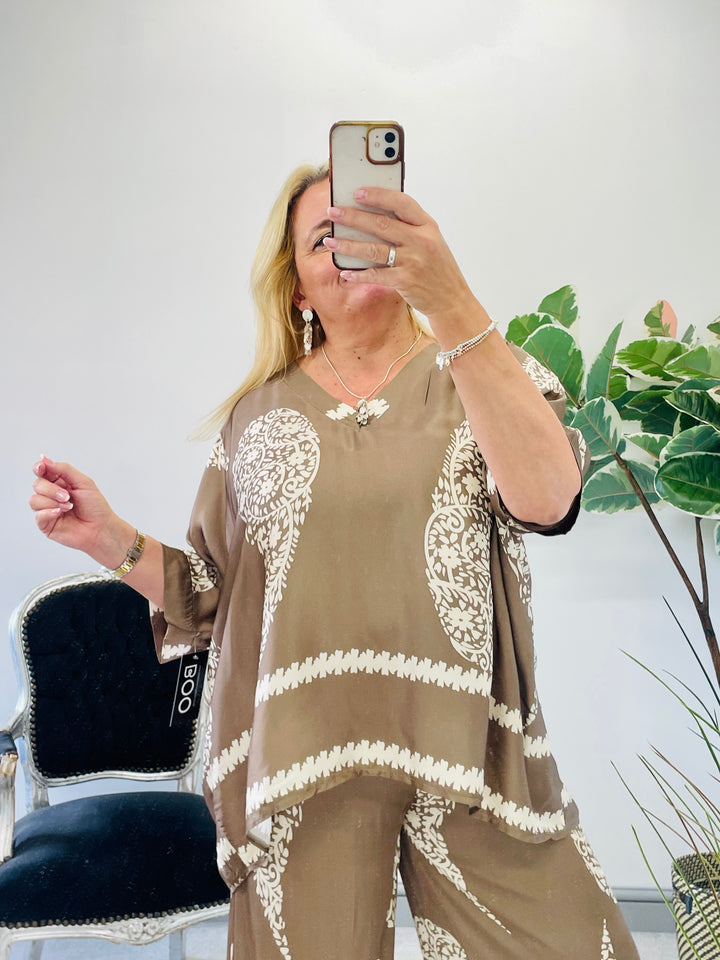LADIES WOMENS SATIN OVERSIZE DRAPE TOP - KHAKI & BROWN